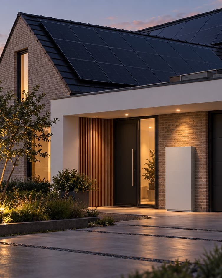 Geïnstalleerde thuisbatterij bij de voordeur van een moderne woning