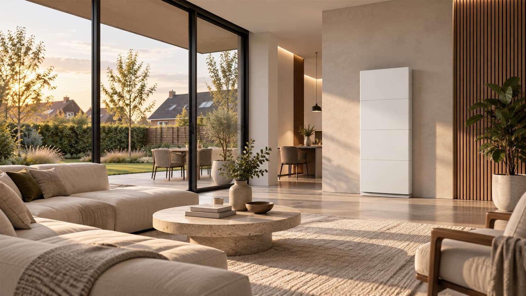 Moderne woonkamer met een geïnstalleerde thuisbatterij aan de wand